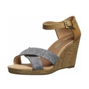 TOMS Women's Sienna Espadrille Wedge Sandal 7M Denim Cork Boho Comfort Resort